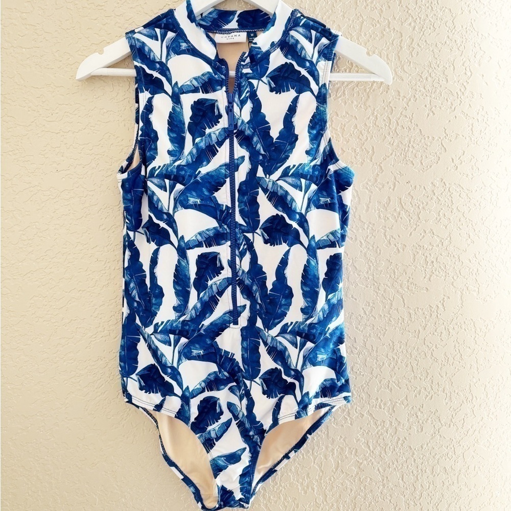 Cabana Life Printed One-Piece Swimsuit - UPF 50+, Zip Neck, Sleeveless, blue 217